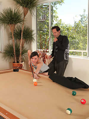 Petite pool player Jenny Anderson pays for lessons with tabletop blowjob