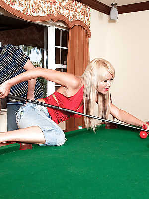 Sexy blonde in jeans Jenny Hamilton stripping and sucking on the pool table