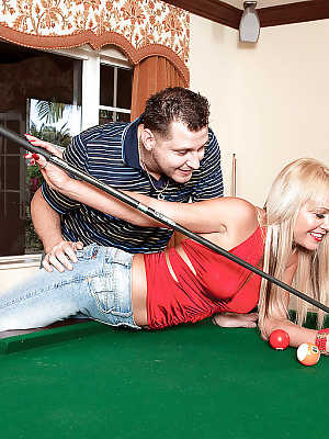 Sexy blonde in jeans Jenny Hamilton stripping and sucking on the pool table