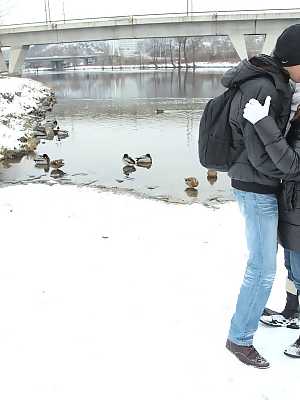 Kissing couple fuck hard and deep to get warm after playing in the snow