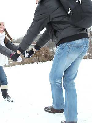 Kissing couple fuck hard and deep to get warm after playing in the snow