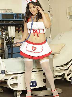 Asian nurse Jessica Bangkok sheds uniform & flaunts tits & clit in pantyhose