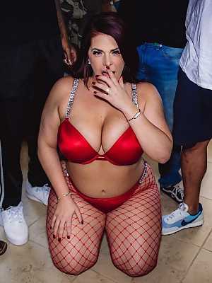 Chubby wife in red lingerie Jessica Jax	poses with cum on her face