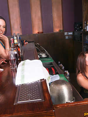 3 clothed chicks strip the bartender naked before jerking him off