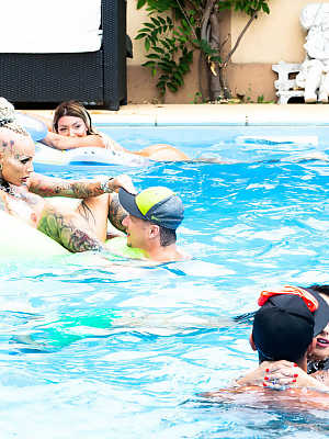 Group sex enthusiasts raise a toast after poolside fucking and car washing