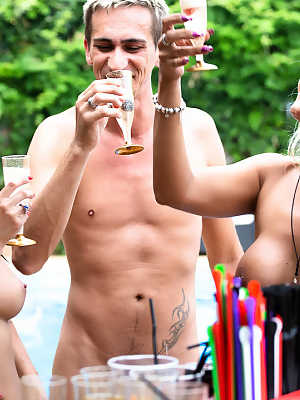 Group sex enthusiasts raise a toast after poolside fucking and car washing