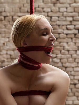 Blonde girl Ariel Anderssen is cleave gagged while tied to a spreader bar