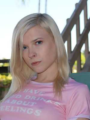 Thin blonde girl Jocelyn Sweets parts her pussy lips for the first time