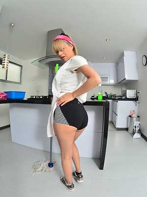 Petite blonde maid Karla Rivera give employer BJ & rides his BBC in kitchen